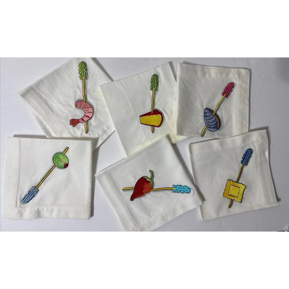 Crate&Barrel Tidbits Cocktail Napkins (6) Embroidered White Cotton 10